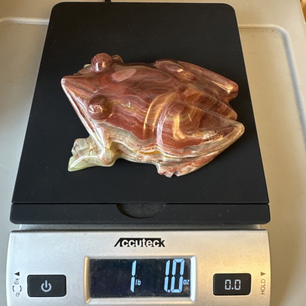 Vintage Hand Carved Banded Onyx Stone Frog Figurine Paperweight 5" Office Decor - Picture 11 of 11